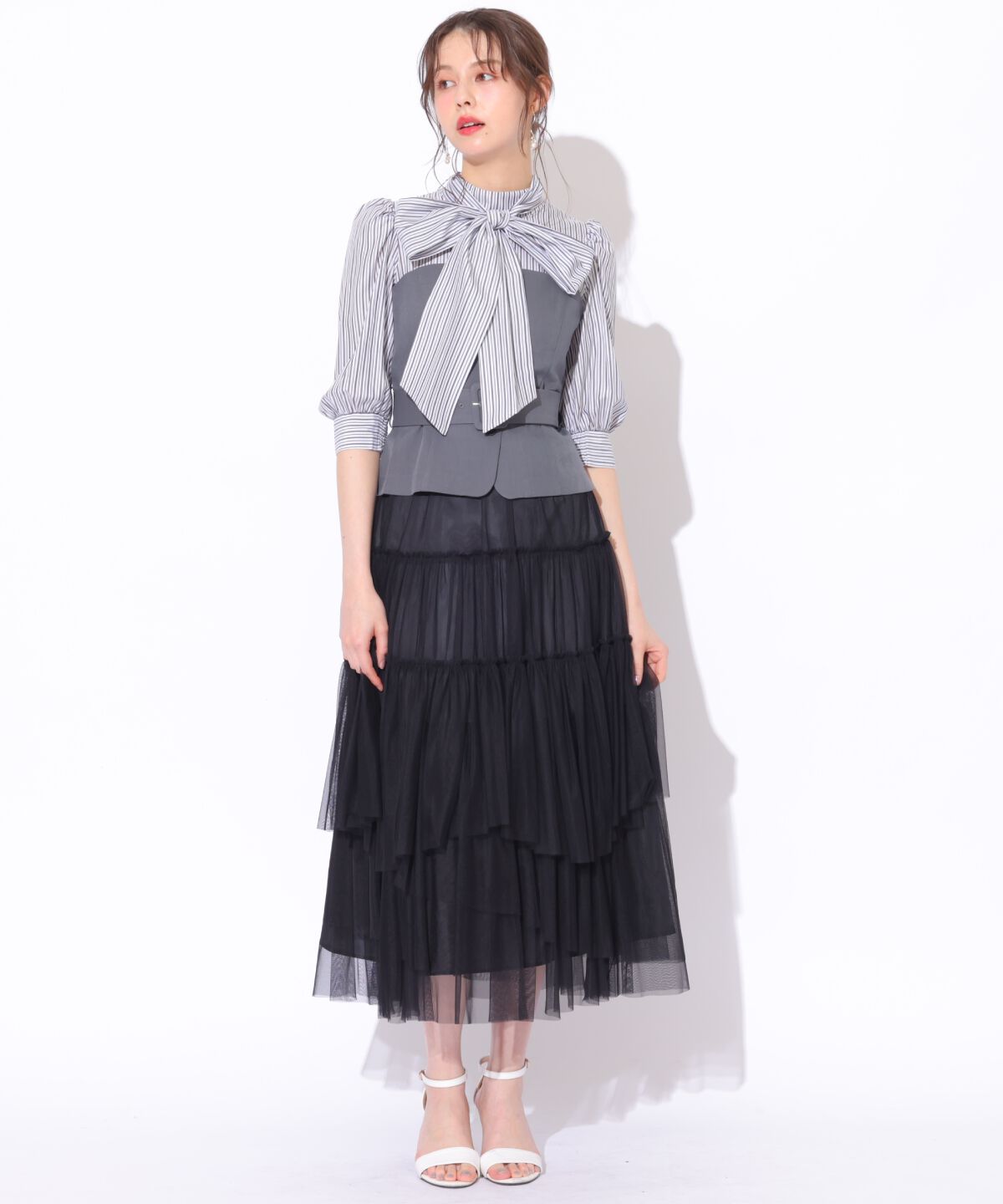 アンドクチュール「ビスチェ切替ドッキングワンピース」|ワンピース|gray/borderｽﾄﾗｲﾌﾟ