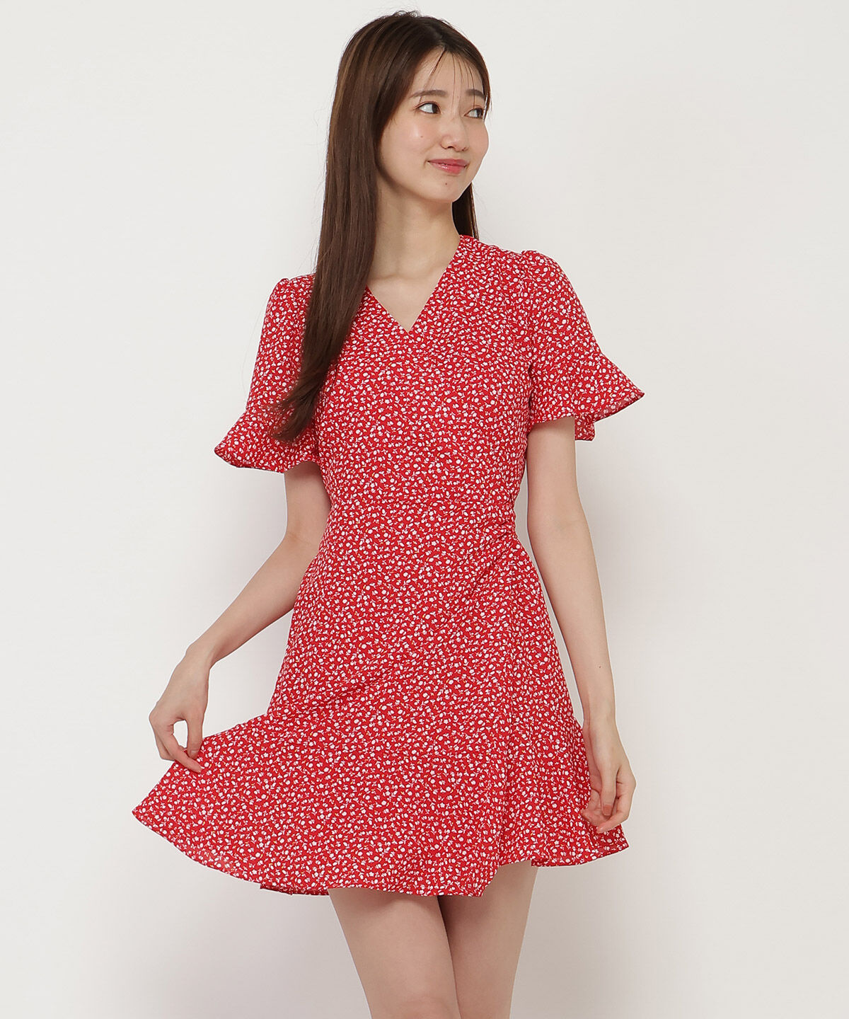 REDYAZEL「カシュクールフリルミニワンピース」|ワンピース|レッド