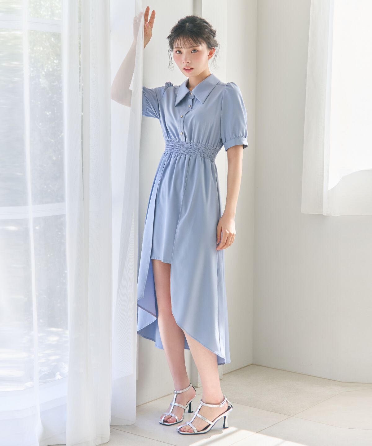 REDYAZEL「ウエストシャーリングシャツワンピース」|ワンピース|ブルー