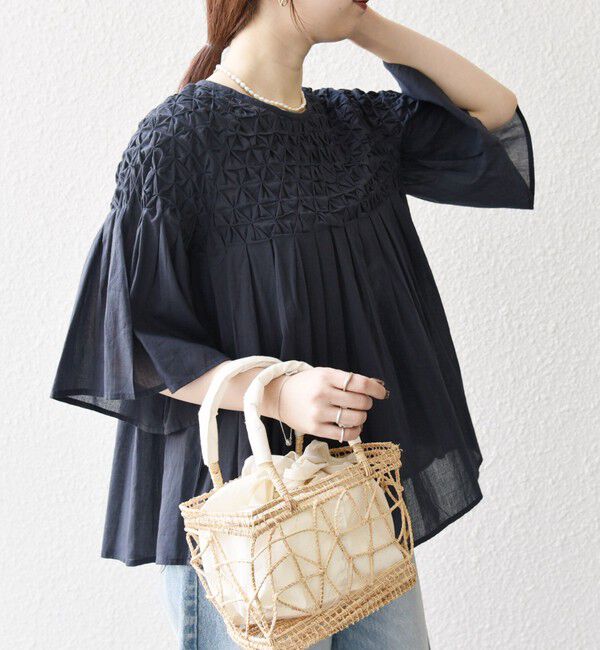 SHIPS any「SHIPS any:〈洗濯機可能〉ハンドスモッキング コットン フレア ブラウス」|シャツ・ブラウス|ネイビー