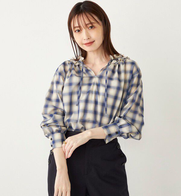 SHIPS Colors 「SHIPS Colors:〈手洗い可能〉オンブレチェック フリルネック ブラウス」|シャツ・ブラウス|