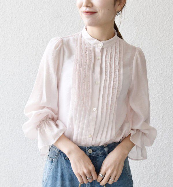 SHIPS any「《予約》SHIPS any:〈手洗い可能〉シアー フリル バンドカラー シャツ ブラウス」|シャツ・ブラウス|