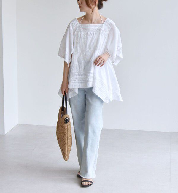 quaranciel「quaranciel:〈洗濯機可能〉コットン レース ライン スクエア ネック ブラウス」|シャツ・ブラウス|