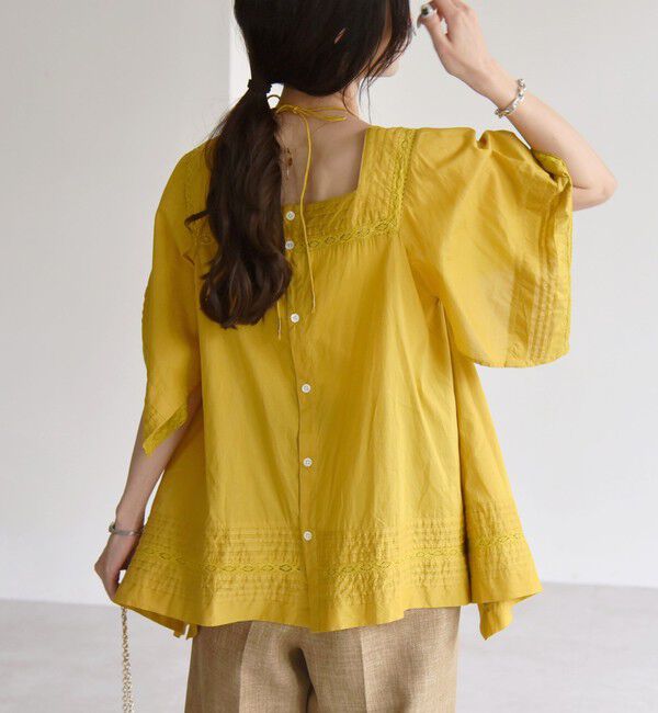 quaranciel「quaranciel:〈洗濯機可能〉コットン レース ライン スクエア ネック ブラウス」|シャツ・ブラウス|イエロー