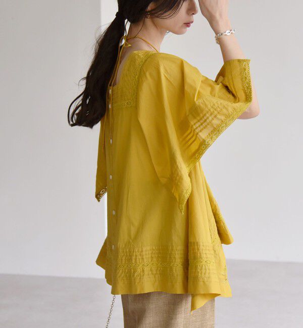 quaranciel「quaranciel:〈洗濯機可能〉コットン レース ライン スクエア ネック ブラウス」|シャツ・ブラウス|