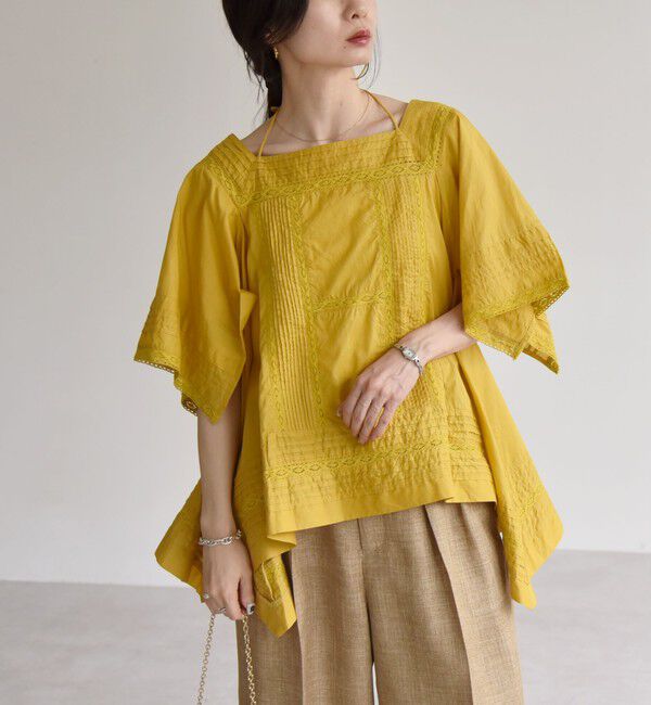 quaranciel「quaranciel:〈洗濯機可能〉コットン レース ライン スクエア ネック ブラウス」|シャツ・ブラウス|