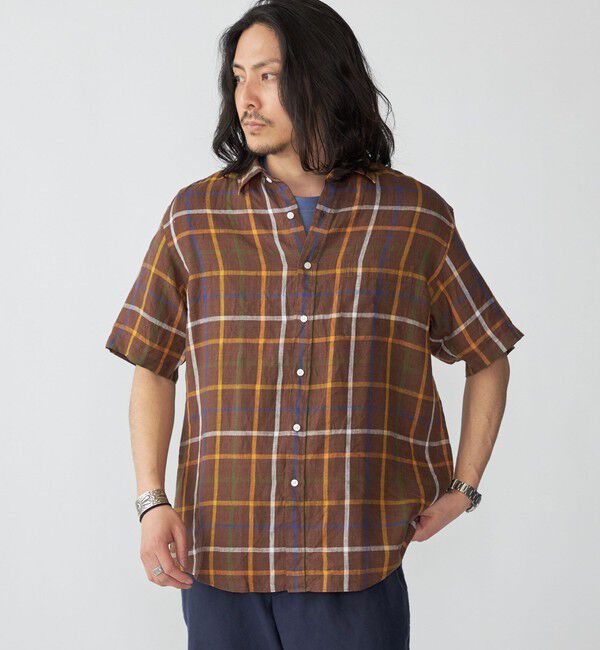 SHIPS「SHIPS: レイモンド レギュラーカラー リネン チェック ショートスリーブ シャツ」|シャツ・ブラウス|ブラウン