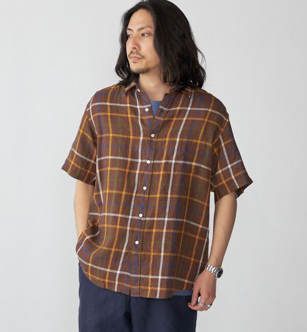 SHIPS「SHIPS: レイモンド レギュラーカラー リネン チェック ショートスリーブ シャツ」|シャツ・ブラウス|