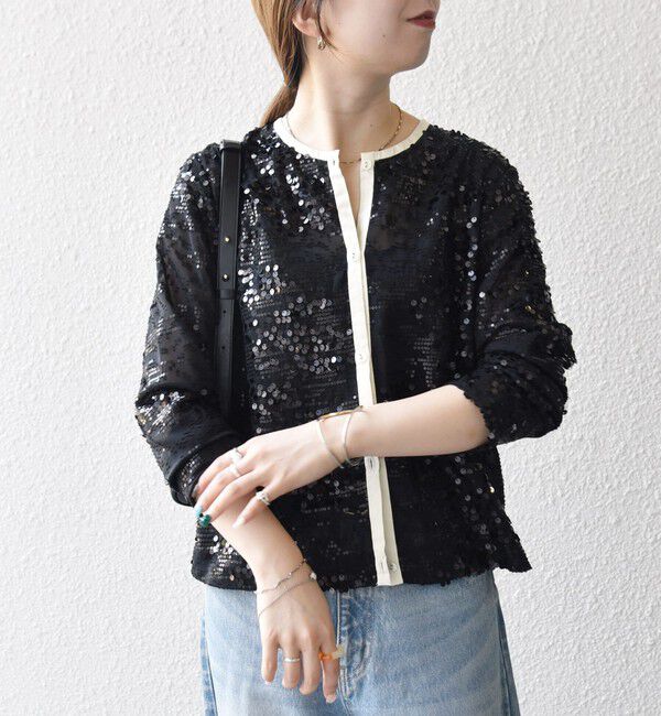 SHIPS any「SHIPS any: スパンコール ジャカード バイカラー クルーネック シャツ カーディガン」|シャツ・ブラウス|