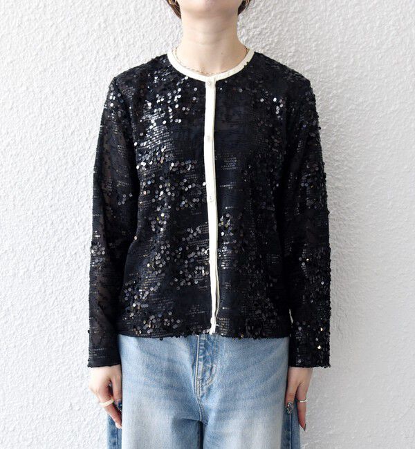 SHIPS any「SHIPS any: スパンコール ジャカード バイカラー クルーネック シャツ カーディガン」|シャツ・ブラウス|