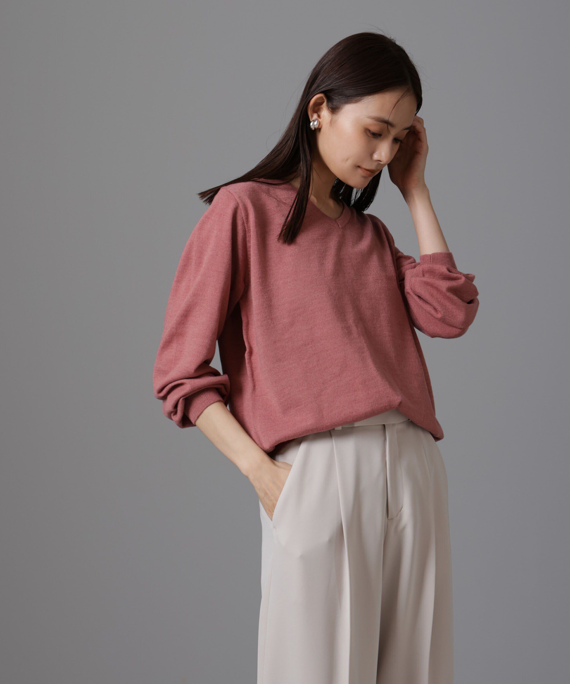 nano･universe「静電気防止 Vネックプルオーバーニット」|ニット・セーター|ピンク