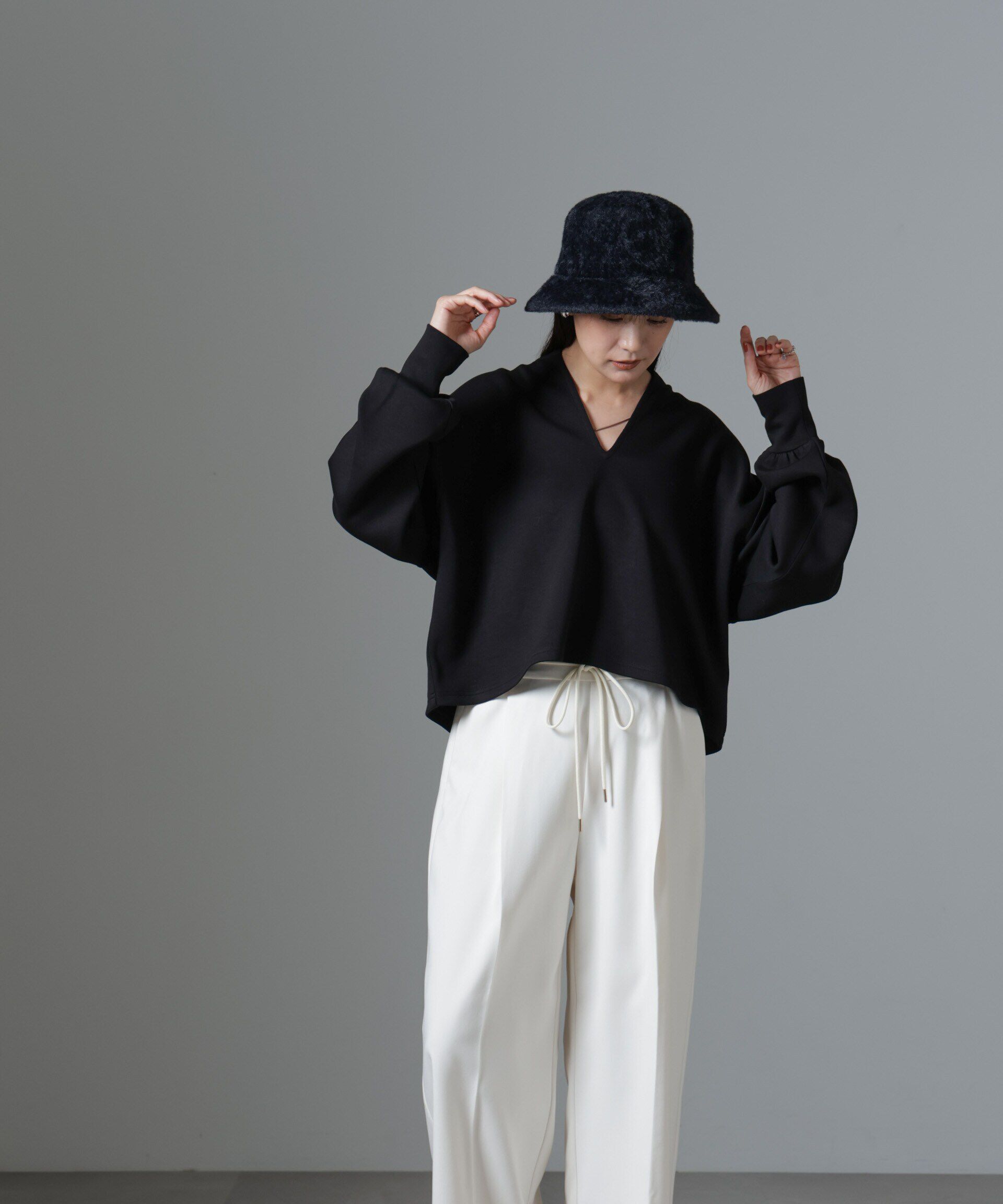 nano･universe「裏起毛ダンボールカットキーネックトップス（セットアップ可）」|Tシャツ・カットソー|