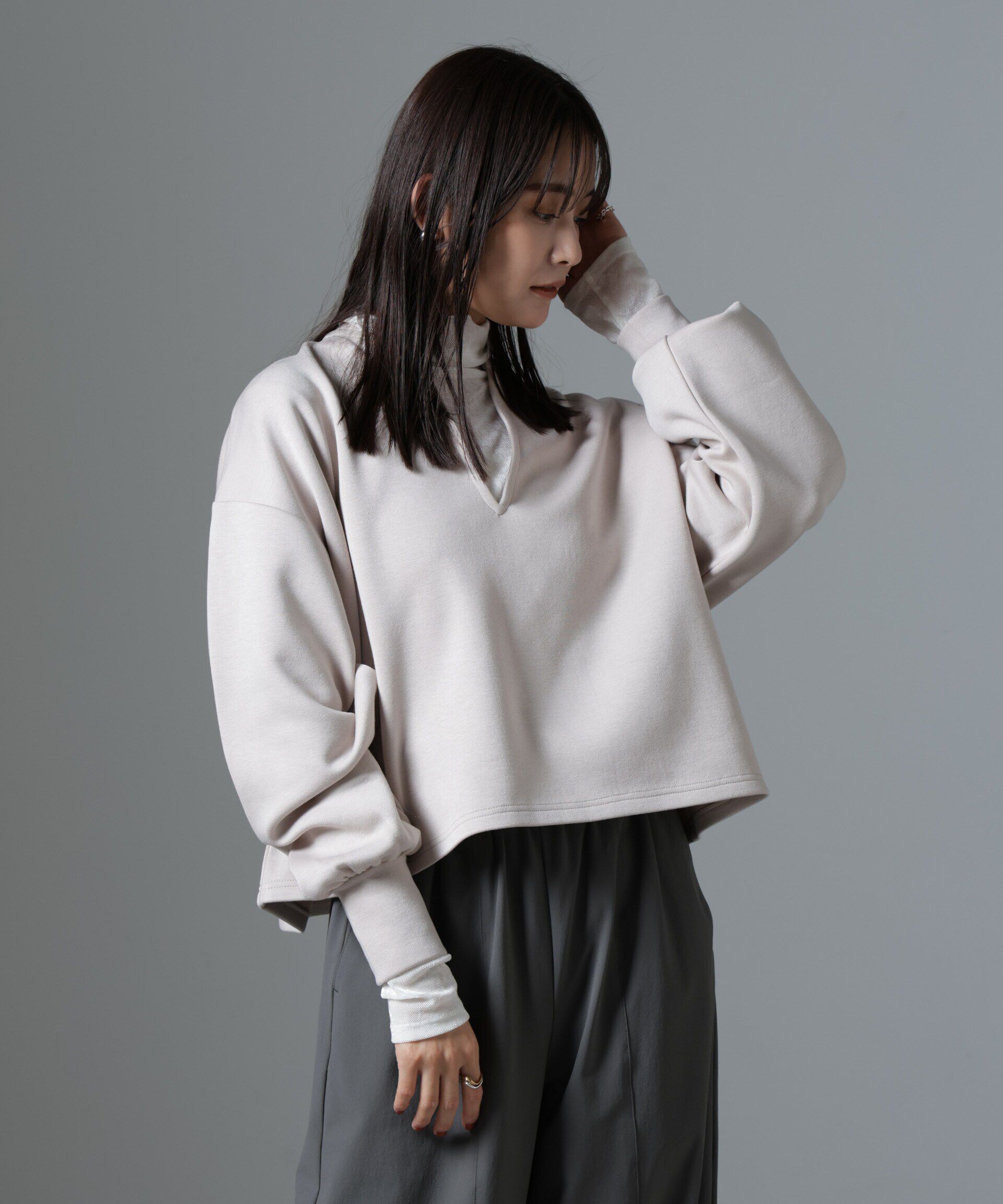 nano･universe「裏起毛ダンボールカットキーネックトップス（セットアップ可）」|Tシャツ・カットソー|