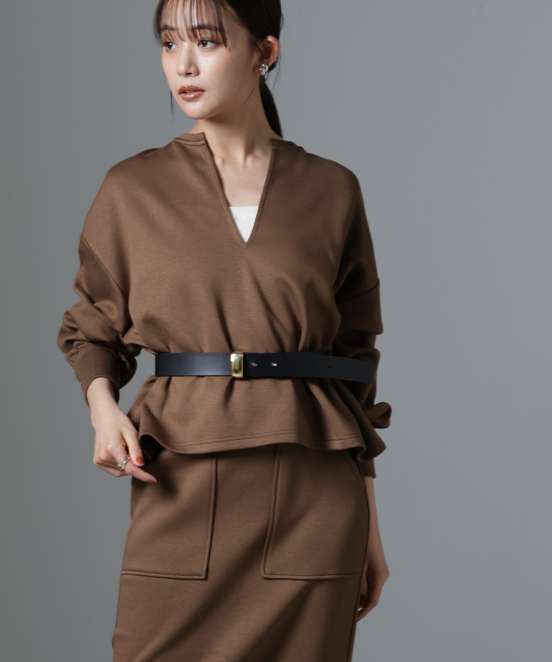 nano･universe「裏起毛ダンボールカットキーネックトップス（セットアップ可）」|Tシャツ・カットソー|キャメル4