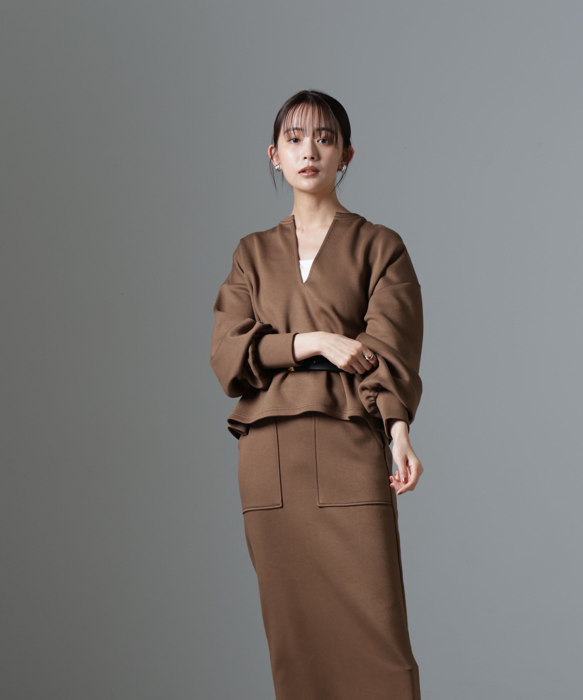 nano･universe「裏起毛ダンボールカットキーネックトップス（セットアップ可）」|Tシャツ・カットソー|