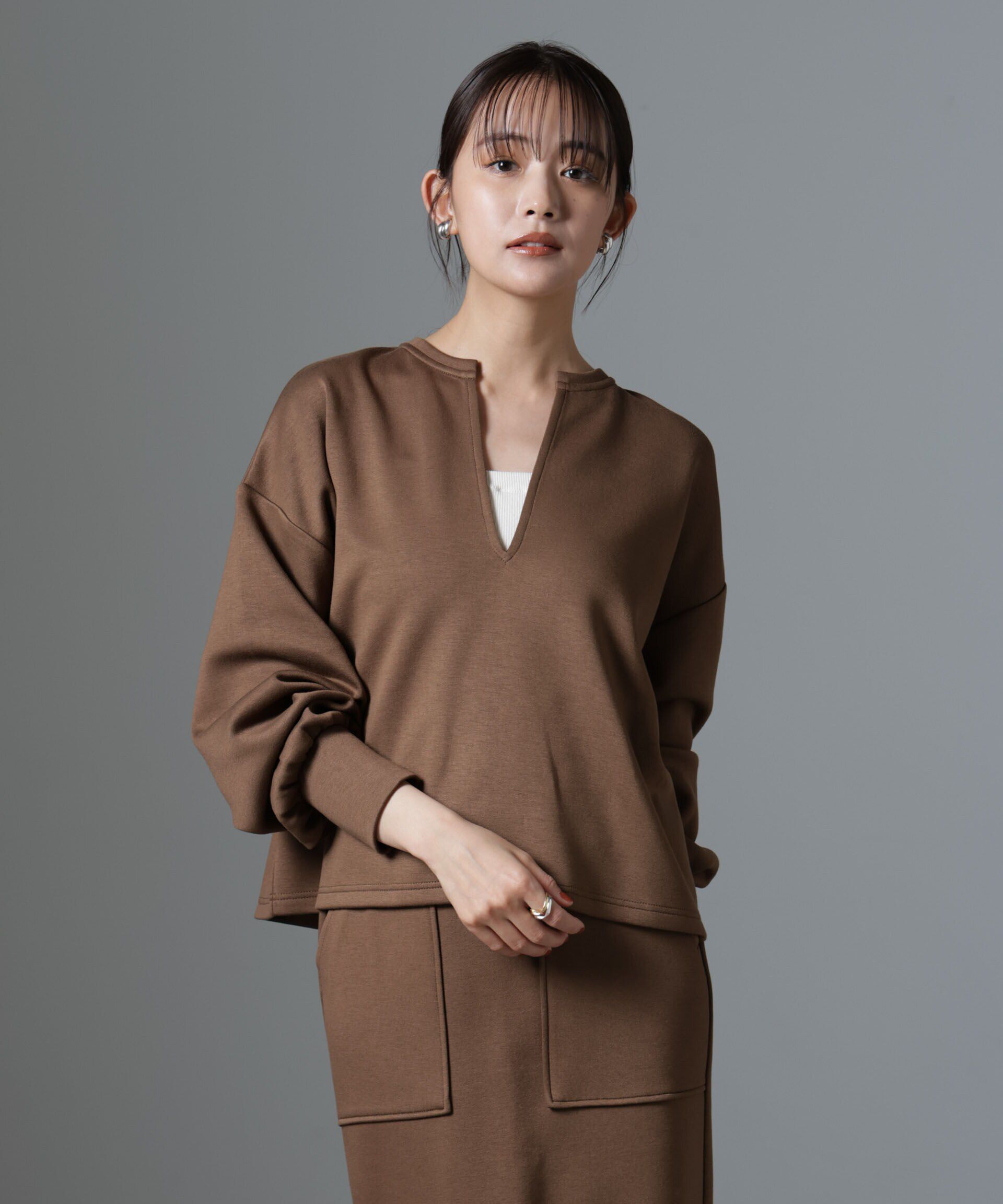 nano･universe「裏起毛ダンボールカットキーネックトップス（セットアップ可）」|Tシャツ・カットソー|