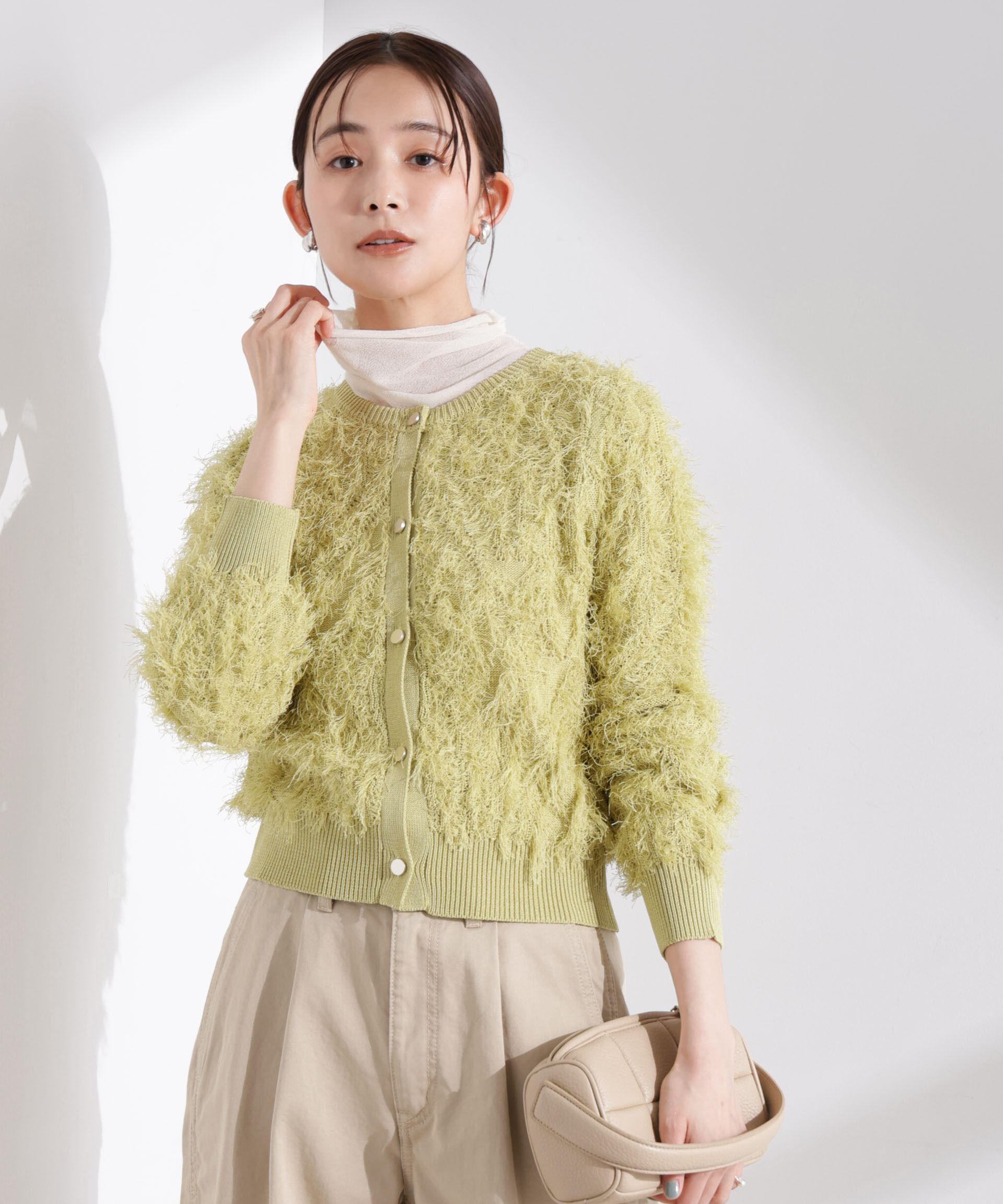 nano･universe「フリンジニットクルーネックカーディガン」|ニット・セーター|グリーン