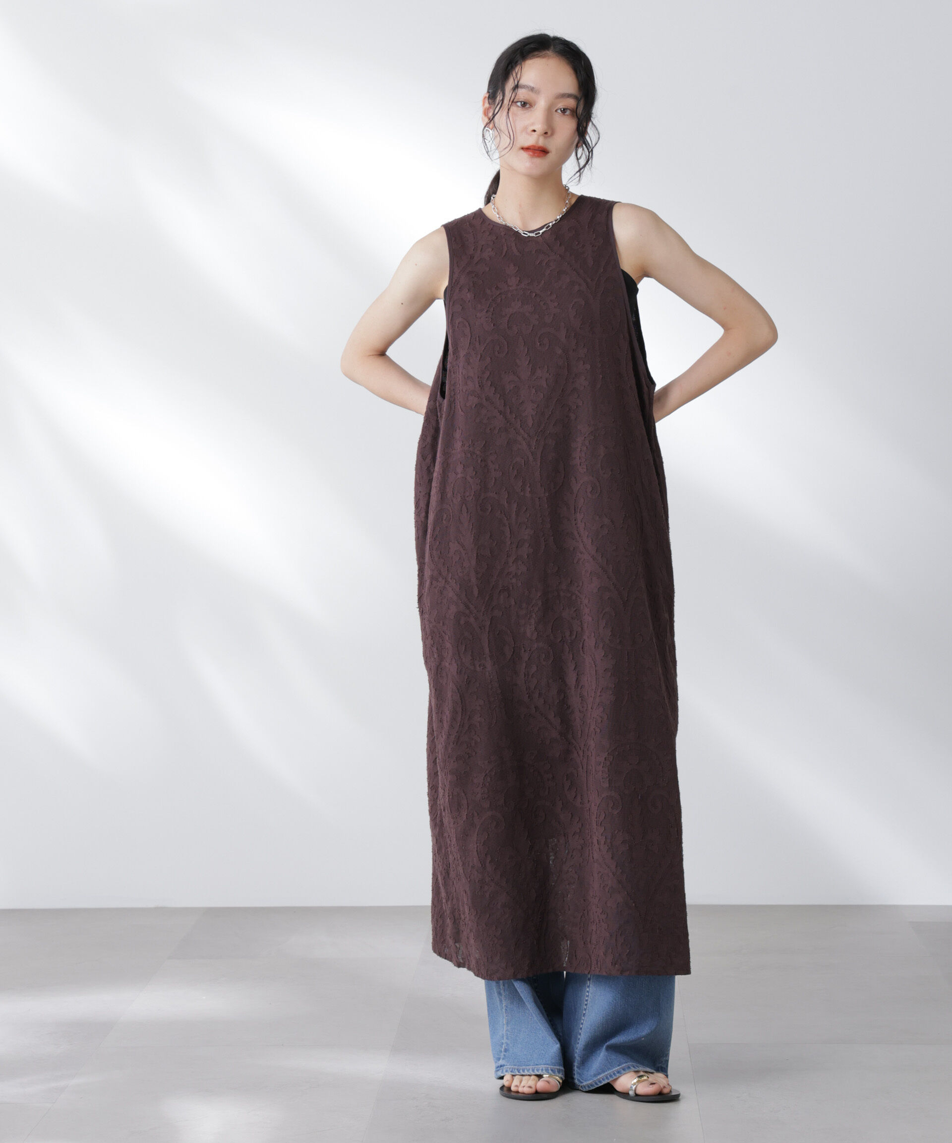 nano･universe「made in india カットワークジャカードワンピース(セットアップ可)」|ワンピース|ブラウン