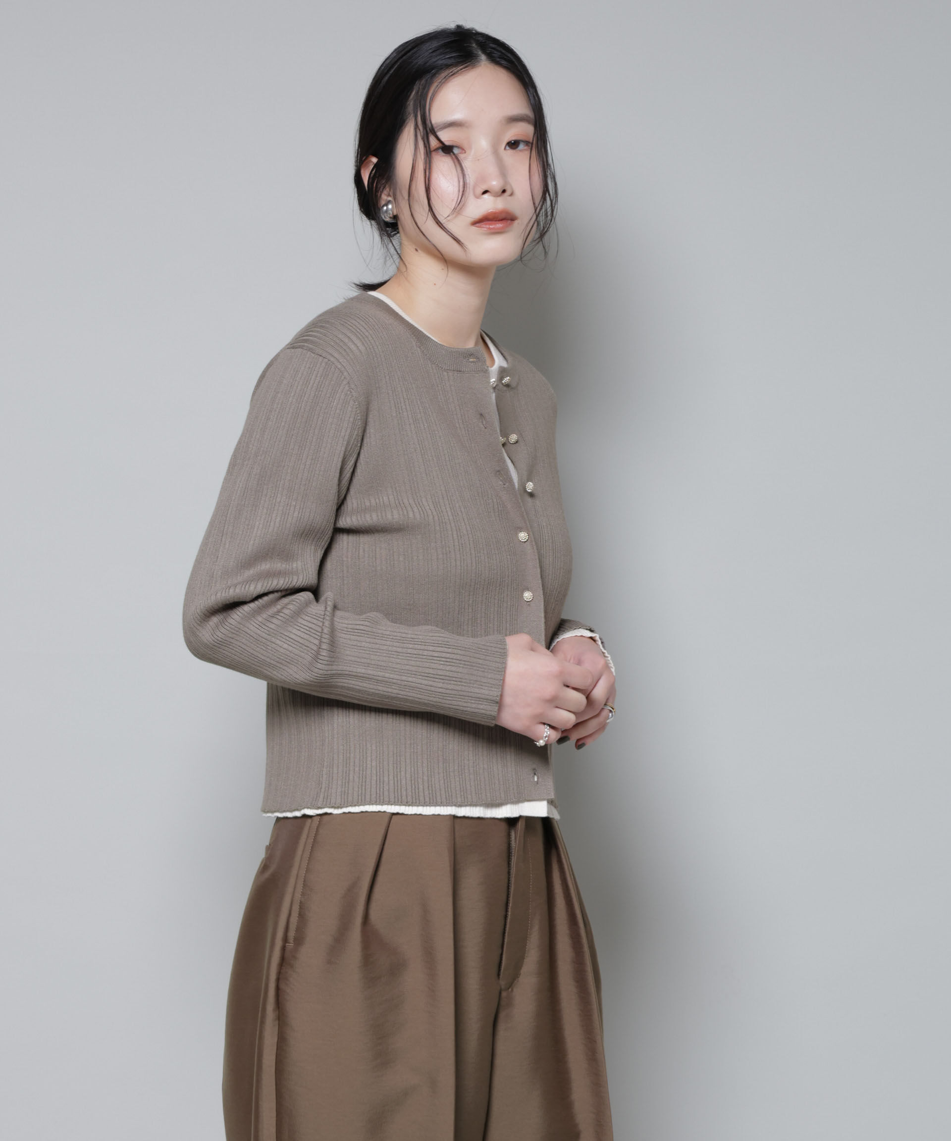 nano･universe「ホホバオイル加工ランダムリブカーディガン」|ニット・セーター|