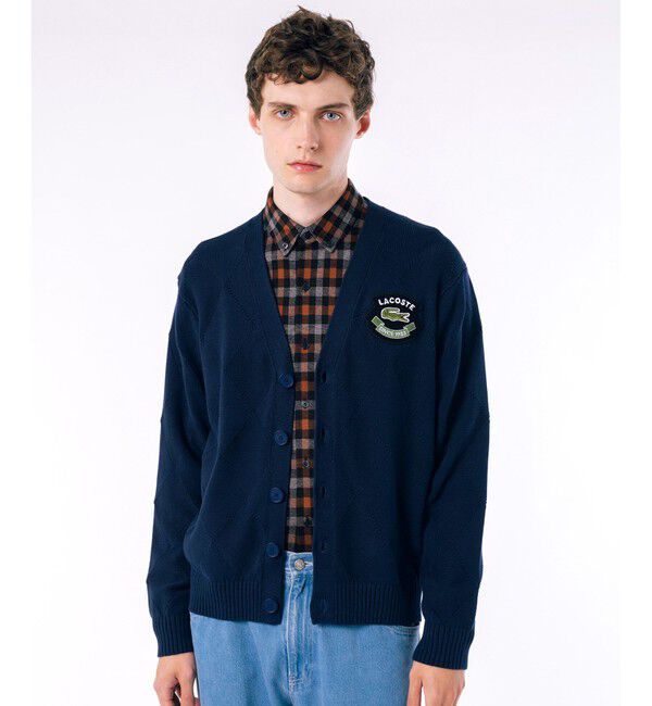 LACOSTE「トーナルアーガイル柄 Vネックコットンニットカーディガン」|カーディガン|ダークネイビー