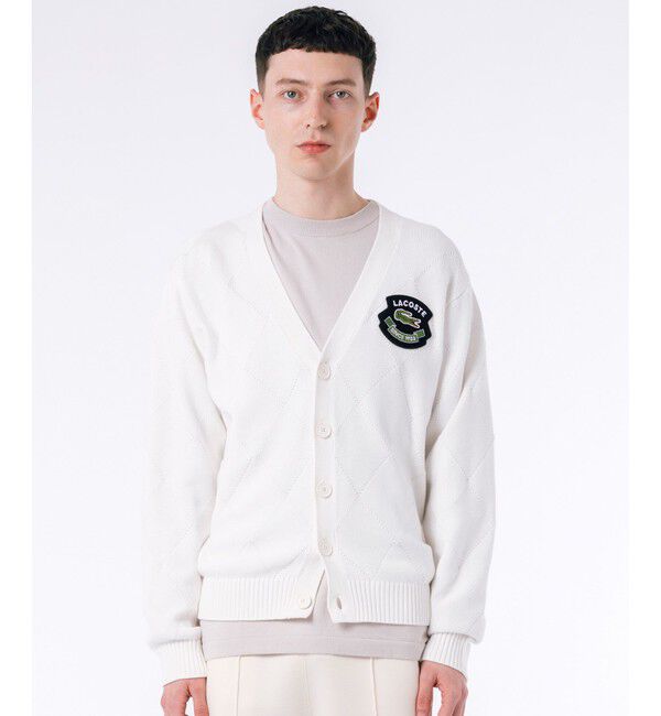 LACOSTE「トーナルアーガイル柄 Vネックコットンニットカーディガン」|カーディガン|オフホワイト