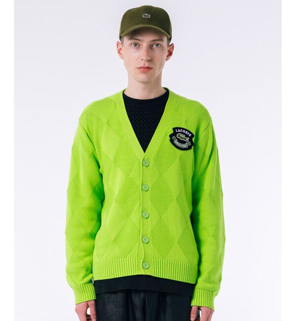 LACOSTE「トーナルアーガイル柄 Vネックコットンニットカーディガン」|カーディガン|ライトグリーン