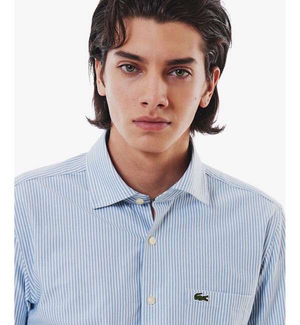 LACOSTE「消臭 速乾 UVカット コットン&times;リサイクルポリエステル ストライプ 長袖レギュラーカラーシャツ」|シャツ・ブラウス|