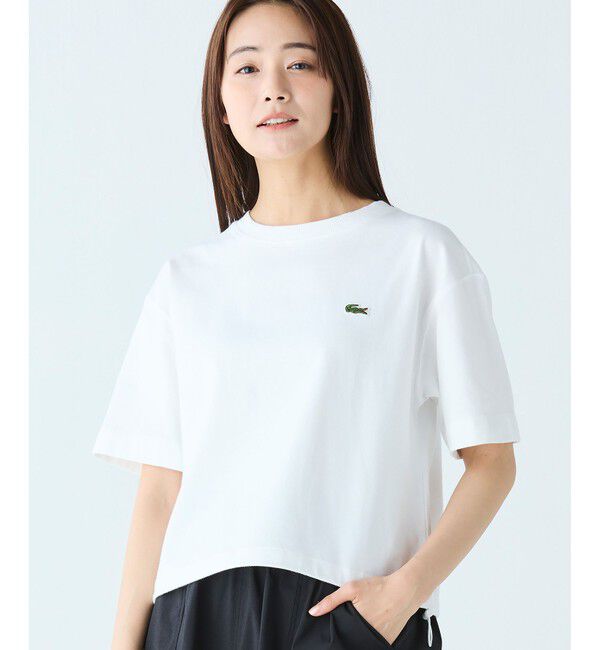 LACOSTE「裾口ドローストリング入りクロップド5分袖 半袖Tシャツ」|Tシャツ・カットソー|ホワイト