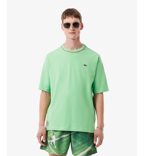 LACOSTE「ローラン・ギャロスコラボ 配色ライン バックプリントTシャツ」|Tシャツ・カットソー|