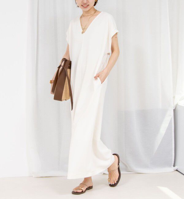 Rie Miller「《セットアップ対応》《手洗い可能》ダンボールジョーゼット袖リブマキシ丈ワンピース」|ワンピース|オフホワイト