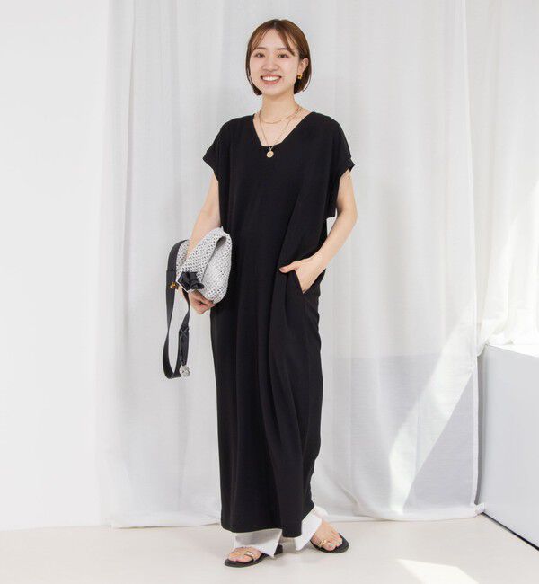 Rie Miller「《セットアップ対応》《手洗い可能》ダンボールジョーゼット袖リブマキシ丈ワンピース」|ワンピース|