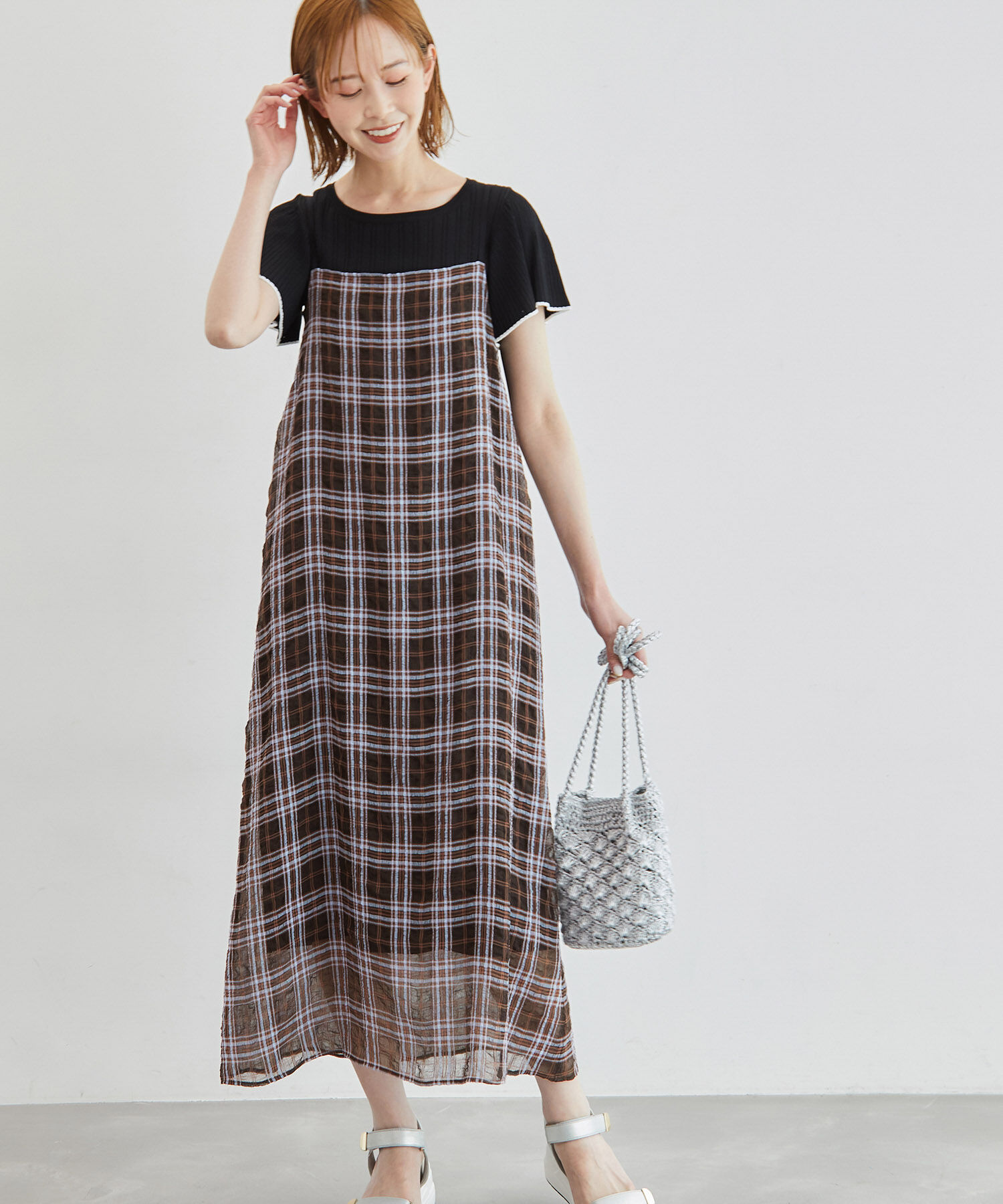 Rope&rsquo;Picnic「リンクコーデ/シアーチェックキャミワンピース」|ワンピース|ダークブラウン系(21)