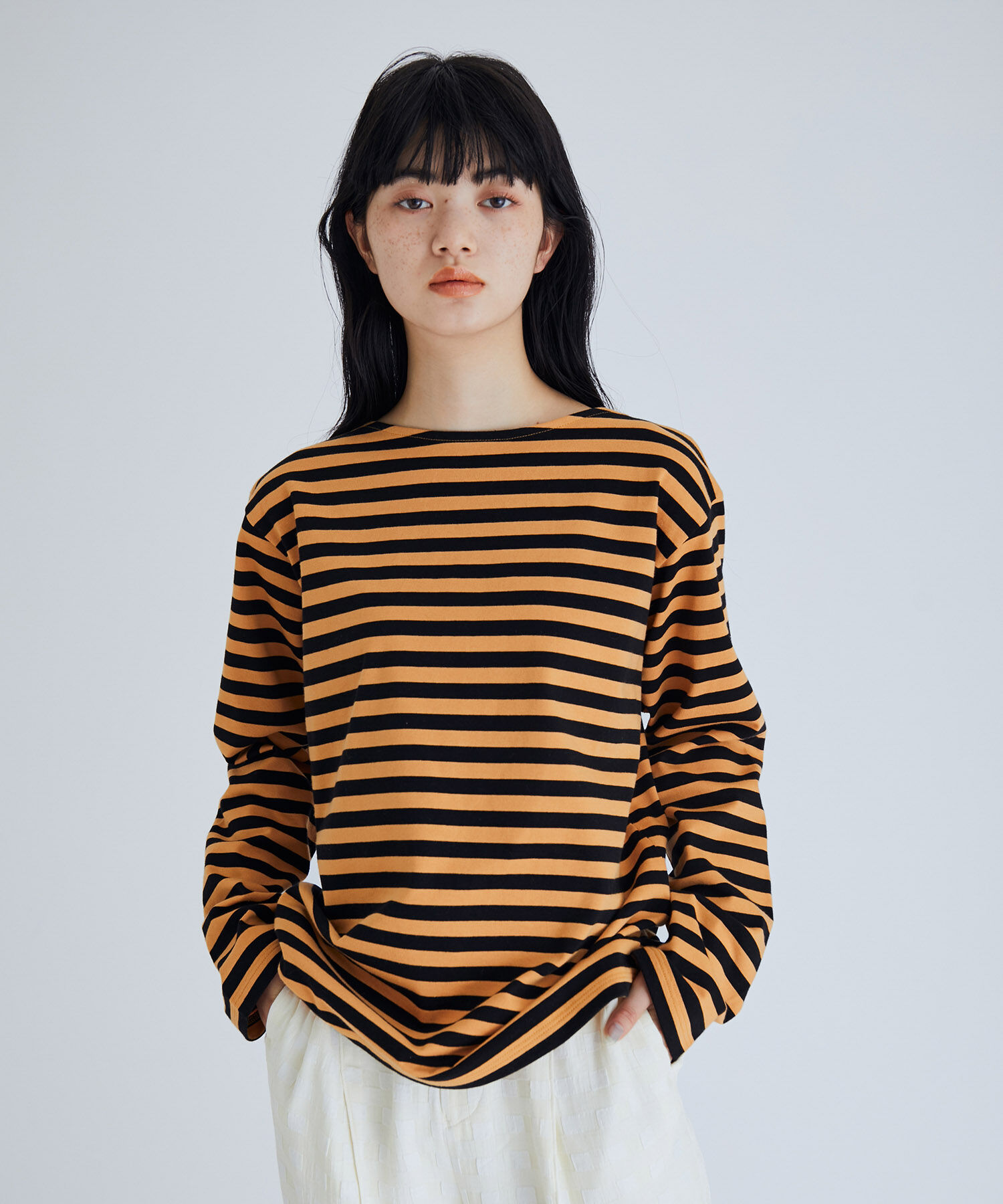 ADAM ET ROPE'「【agnes b. pour ADAM ET ROPE'】ロングスリーブボーダーＴシャツ」|Tシャツ・カットソー|オレンジ(70)