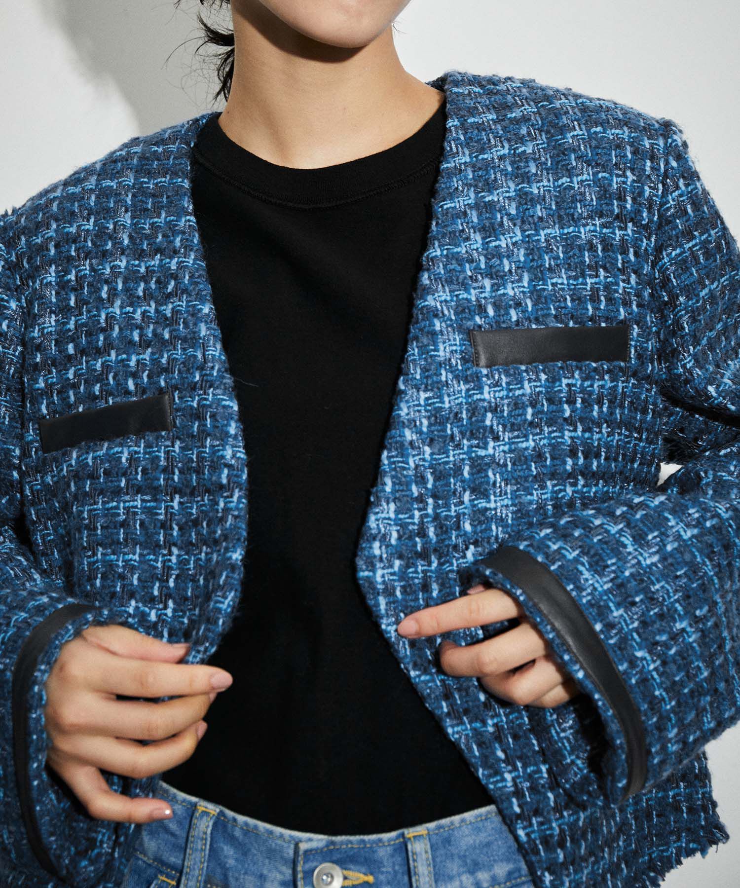 ADAM ET ROPE'「クロップドシングルツイードジャケット」|ノーカラージャケット|