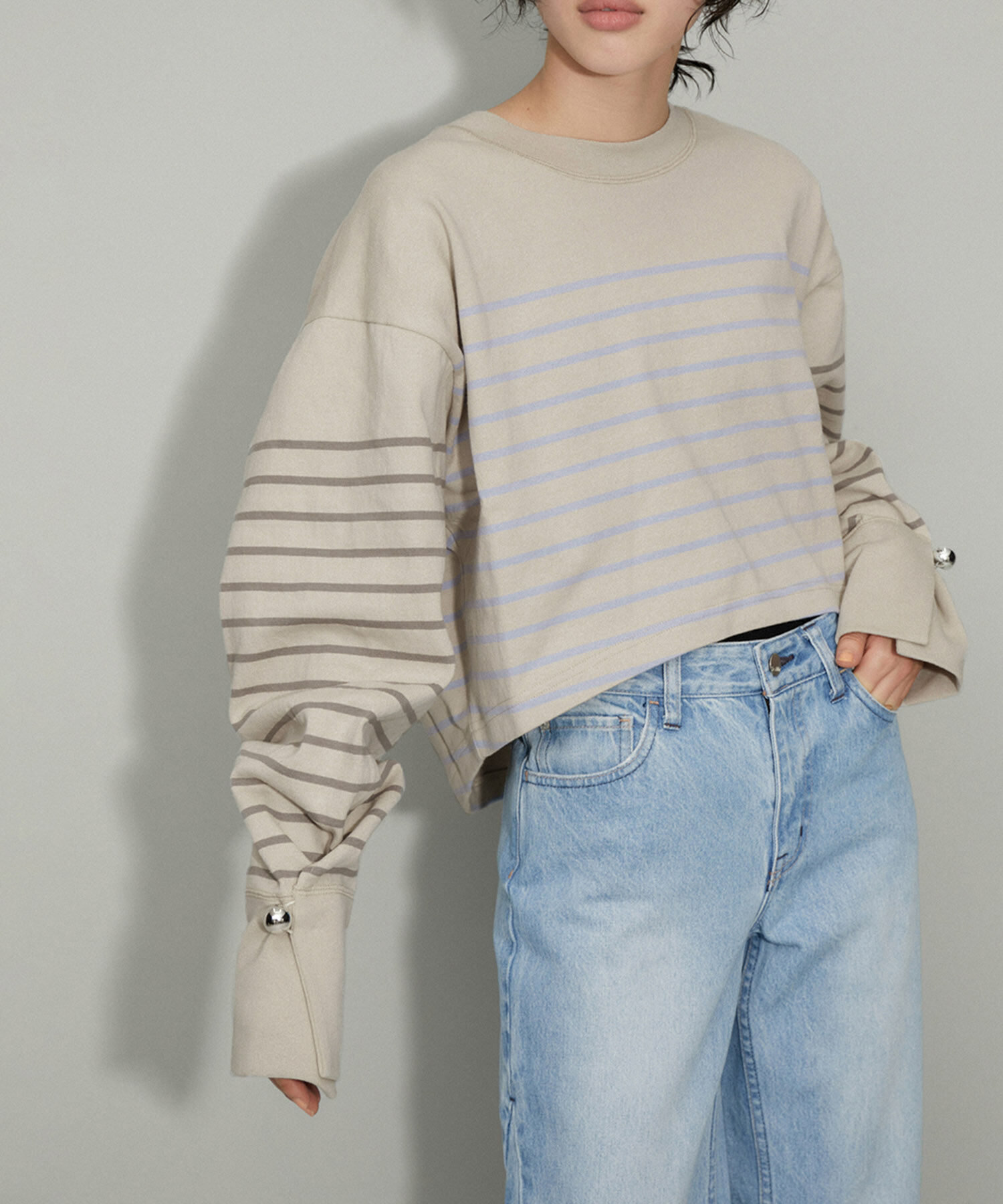 ADAM ET ROPE'「【サステナブル・WEB限定・洗える】バスクボーダーコンビロンTEE」|Tシャツ・カットソー|ライトグレー(08)