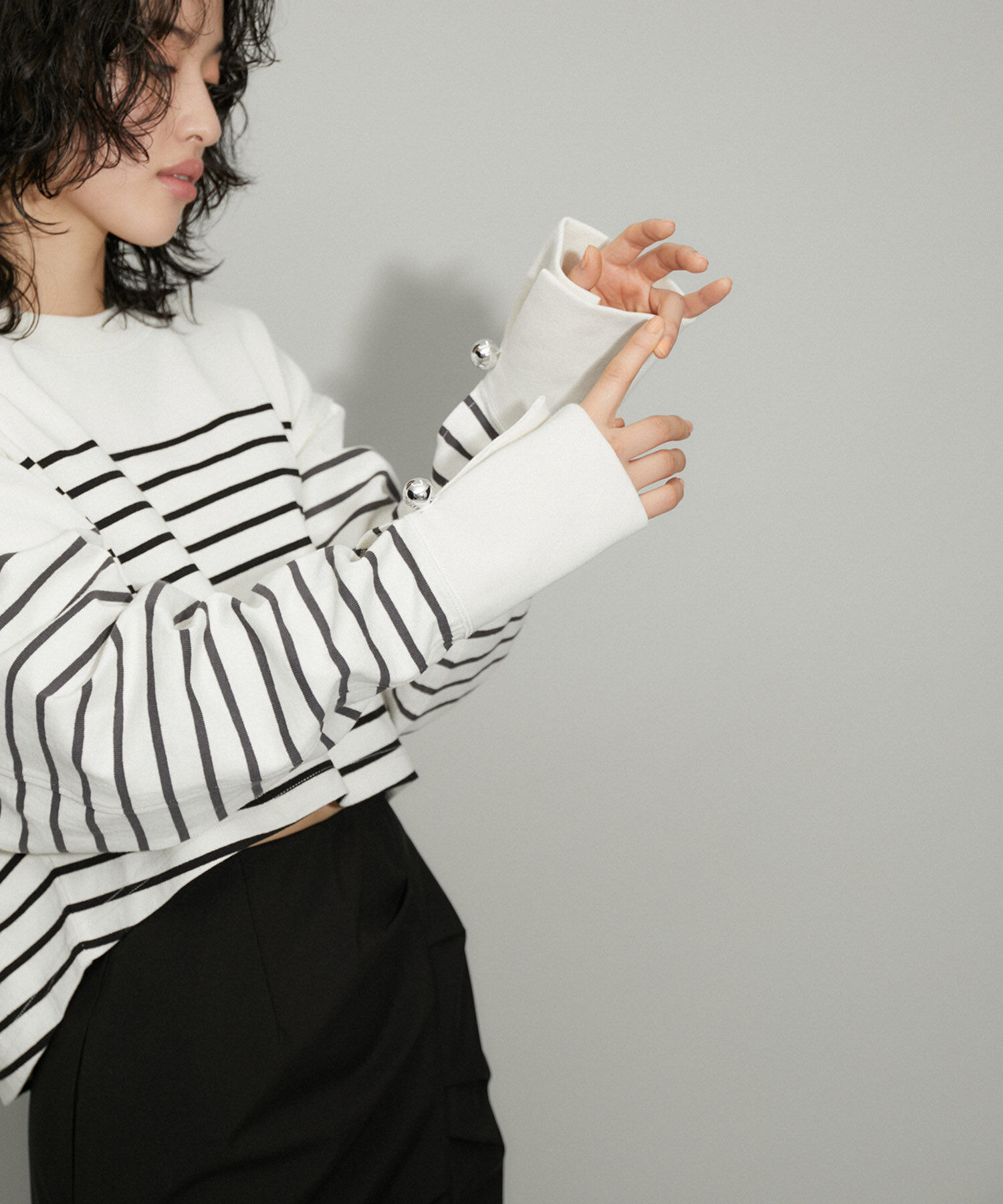 ADAM ET ROPE'「【サステナブル・WEB限定・洗える】バスクボーダーコンビロンTEE」|Tシャツ・カットソー|