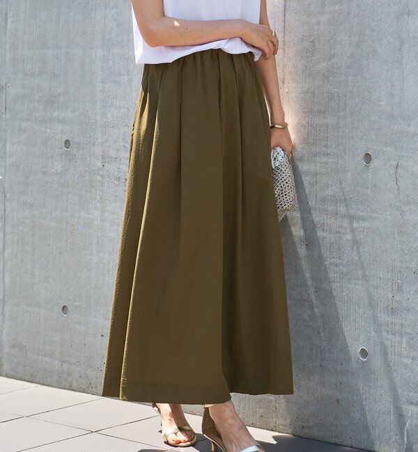  「《夏に快適・セットアップ対応◎》撥水加工・接触冷感タックギャザーフレアスカート」|スカート|カーキ