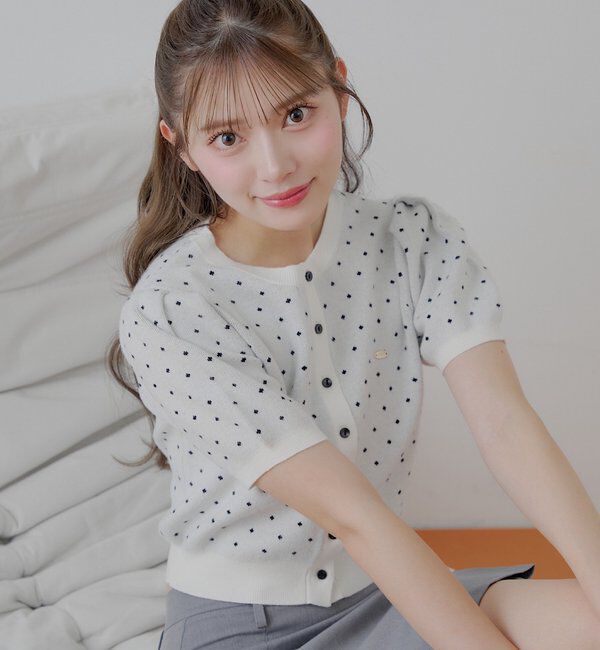  「5分袖ドットクルーコンパクトカーディガン」|カーディガン|ホワイト