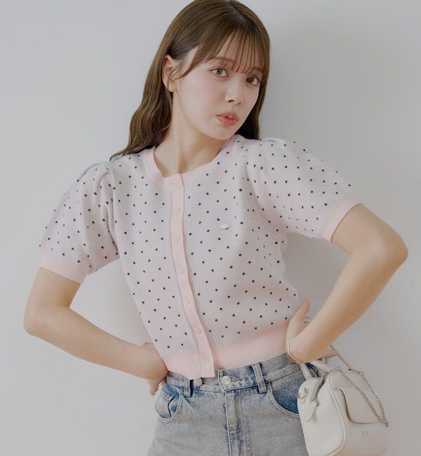  「5分袖ドットクルーコンパクトカーディガン」|カーディガン|