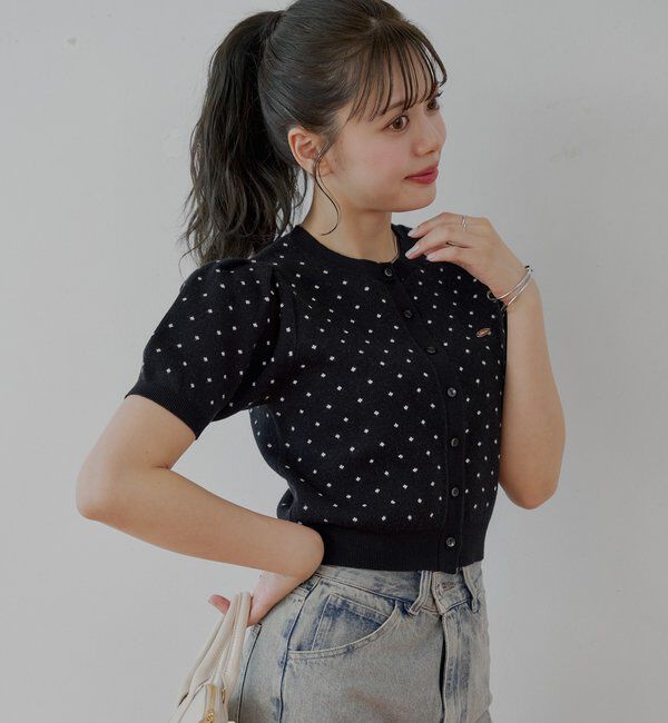  「5分袖ドットクルーコンパクトカーディガン」|カーディガン|