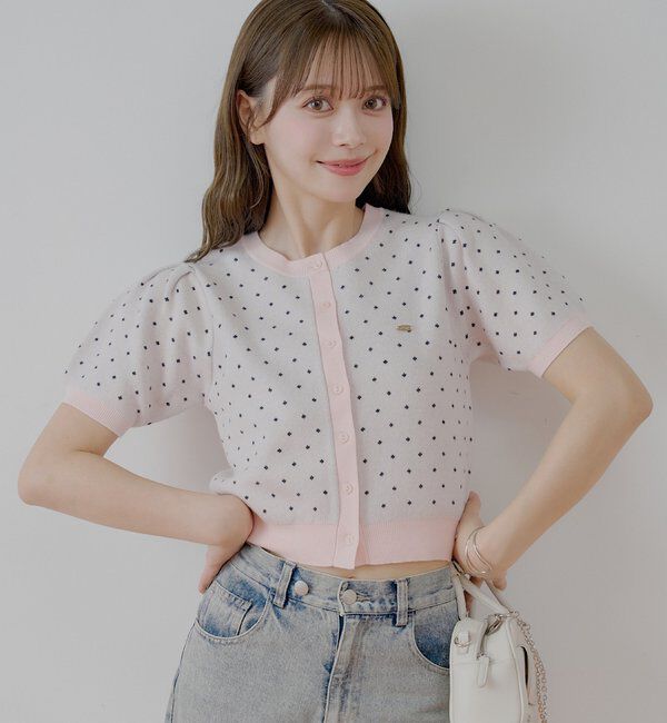  「5分袖ドットクルーコンパクトカーディガン」|カーディガン|ピンク