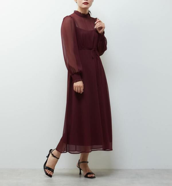 TIARA「フリルハイネックフレアドレス」|ワンピース|ワイン