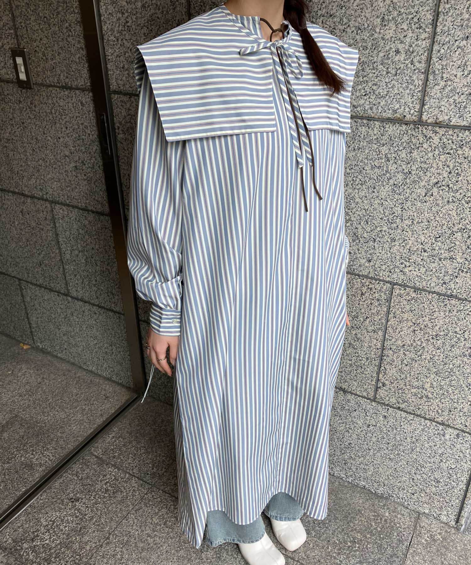  「スクエアカラーSETストライプワンピース」|ワンピース|