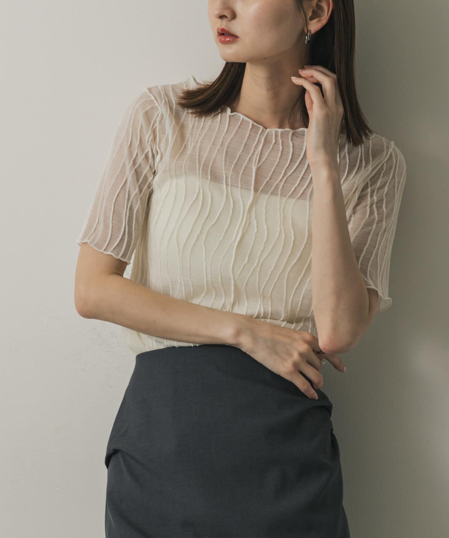 SENSE OF PLACE by URBAN RESEARCH「『一部WEB限定カラー』ウェーブジャガードトップ(半袖)」|Tシャツ・カットソー|アイボリー