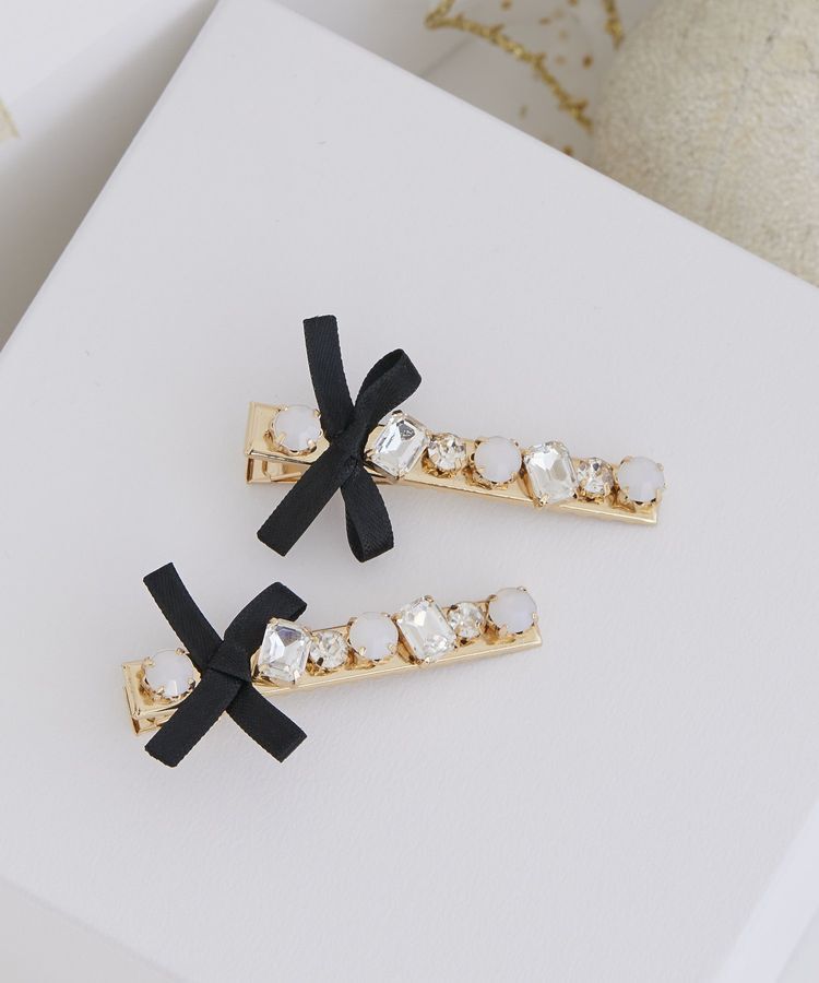 Maison de FLEUR「ビジューリボン2セットピン」|その他|ブラック