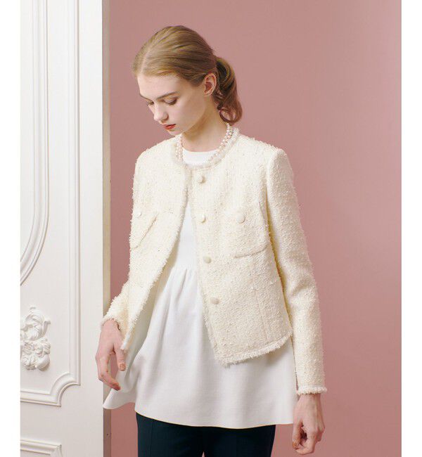 LOULOU WILLOUGHBY「【LOULOU WILLOUGHBY】ファンシーツイードクルージャケット」|ノーカラージャケット|オフホワイト