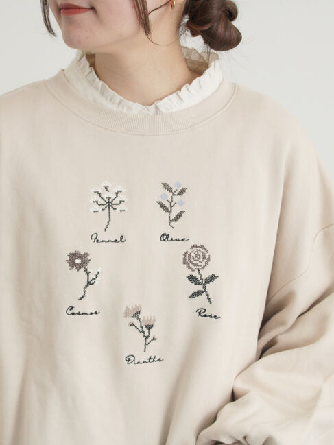 Samansa Mos2「クロスステッチフラワー刺繍スウェット」|Tシャツ・カットソー|