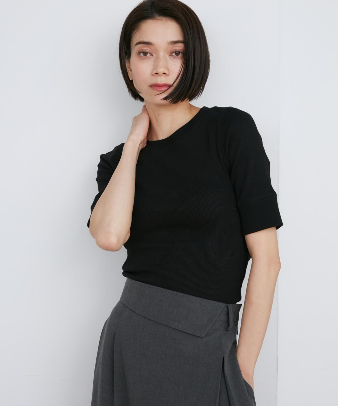 INED「《大きいサイズ》GIZAコットンストレッチリブカットソー」|Tシャツ・カットソー|ブラック