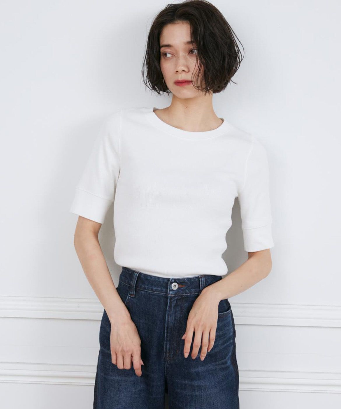 INED「《大きいサイズ》GIZAコットンストレッチリブカットソー」|Tシャツ・カットソー|オフホワイト1