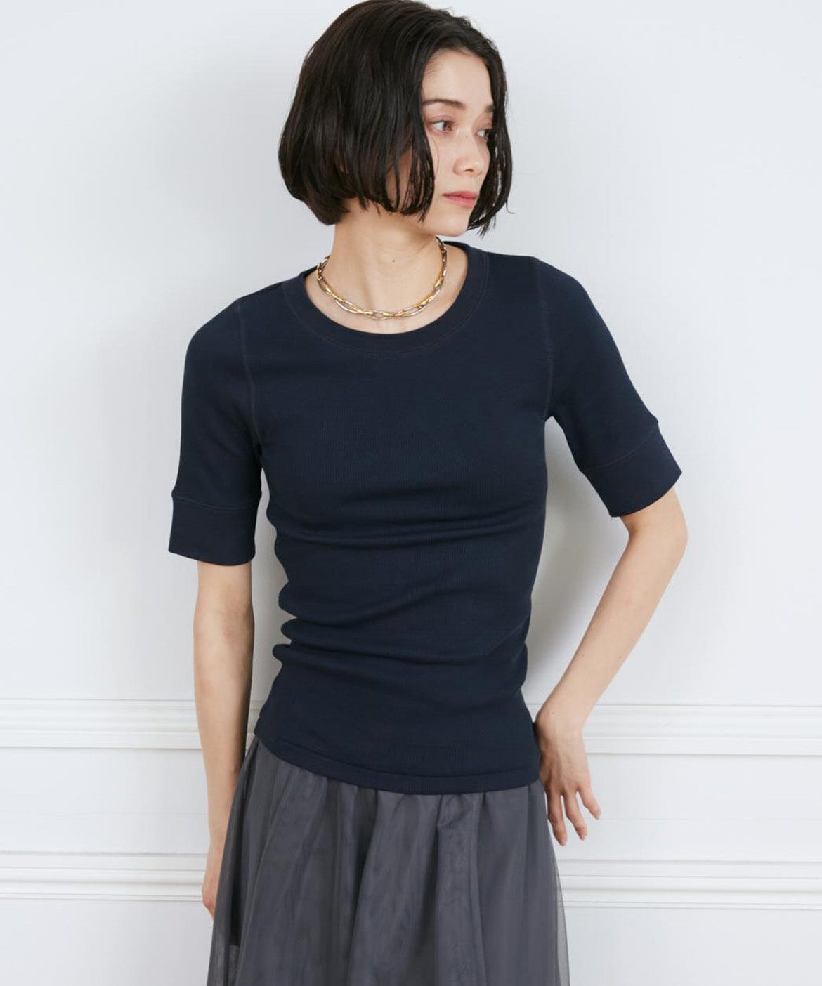 INED「《大きいサイズ》GIZAコットンストレッチリブカットソー」|Tシャツ・カットソー|ネイビー